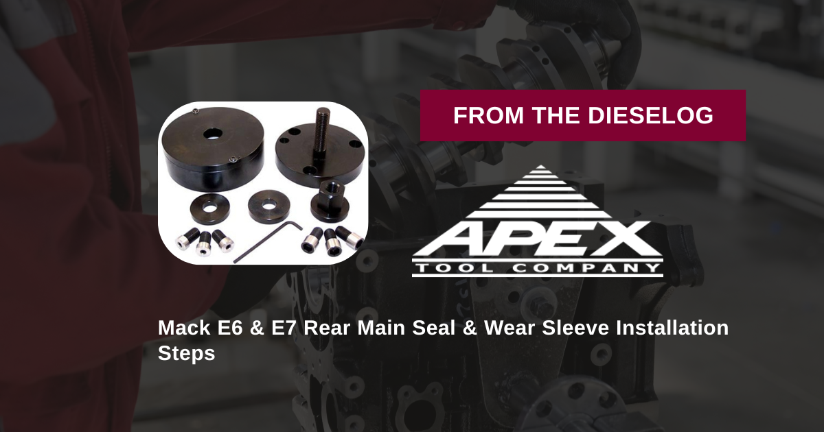Step-by-step close up layout of heavy-duty Mack engine rear main seal installer tool resting on a workshop bench